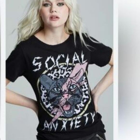 Womens (S) New In Pkg Recycled Karma/Odd People Black Social Anxiety Graphic Tee - Picture 2 of 6